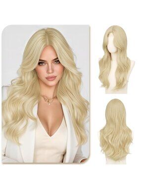 Women's Butter Blonde Long Wavy Wig for 28 Inch Middle Part Heat Resistant